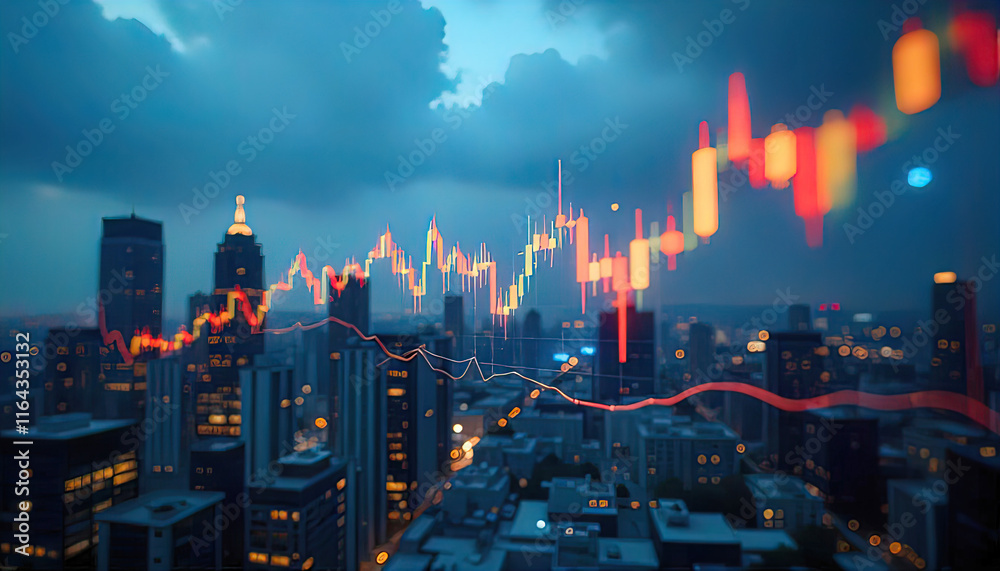 Obraz premium forex big data candlestick charts on blurred city background. Trading, technology, investment and analysis concept.
