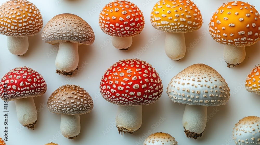 Obraz premium A collection of colorful mushrooms with distinctive caps and stalks arranged on a surface.