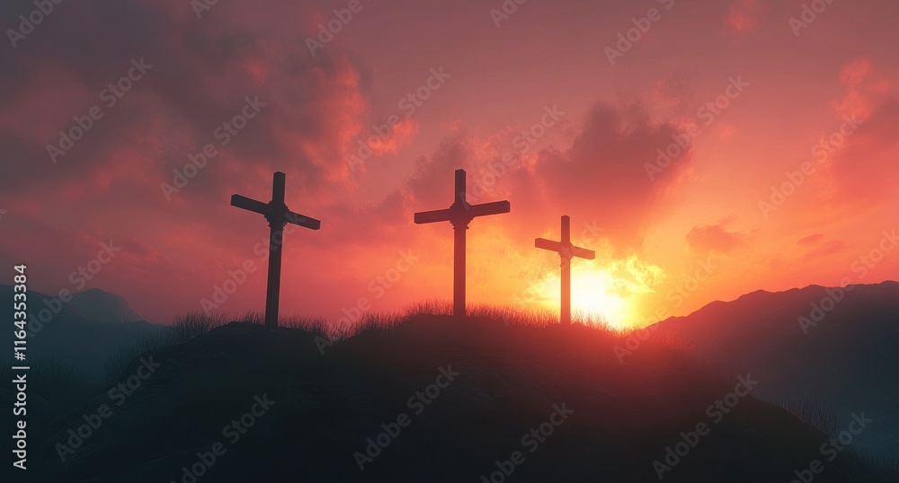Scenic Dawn with Silhouette of Three Wooden Crosses Against a Colorful Sky and Mountainous Horizon, Symbolizing Faith and Hope in Nature's Beauty Scenic Dawn with Silhouette of Three Wooden Crosses Against a Colorful Sky and Mountainous Horizon, Symbolizing Faith and Hope in Nature's Beauty