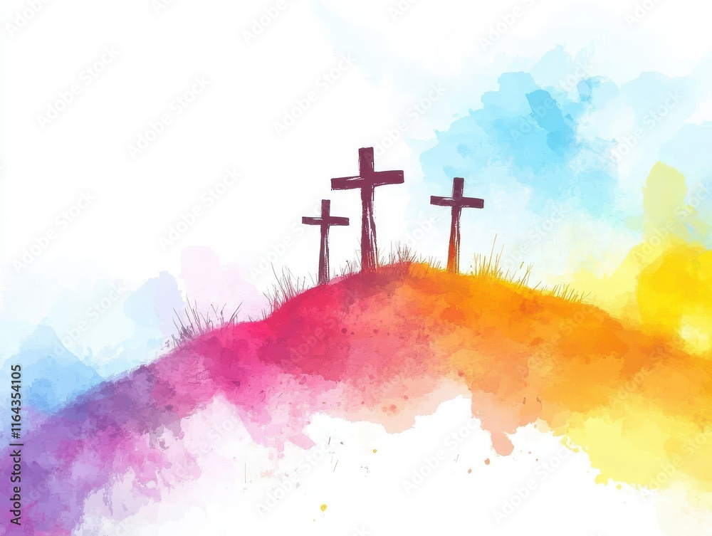 Obraz premium Serene Artistic Representation of Three Crosses on a Colorful Hilltop Surrounded by Vibrant Watercolor Splashes Symbolizing Faith and Spiritual Renewal