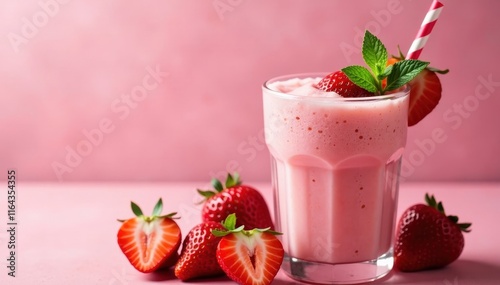 Wallpaper Mural Refreshing strawberry milkshake with fresh strawberries and mint leaves garnished on top, creamy, drink Torontodigital.ca