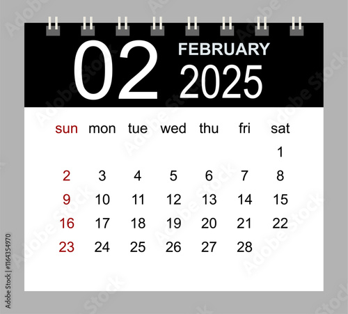 February 2025. Vector monthly calendar template 2025 year in simple style for template design. Week starts from Sunday.