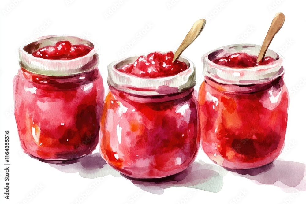 A still life image featuring three jars of jam and matching wooden spoons A still life image featuring three jars of jam and matching wooden spoons