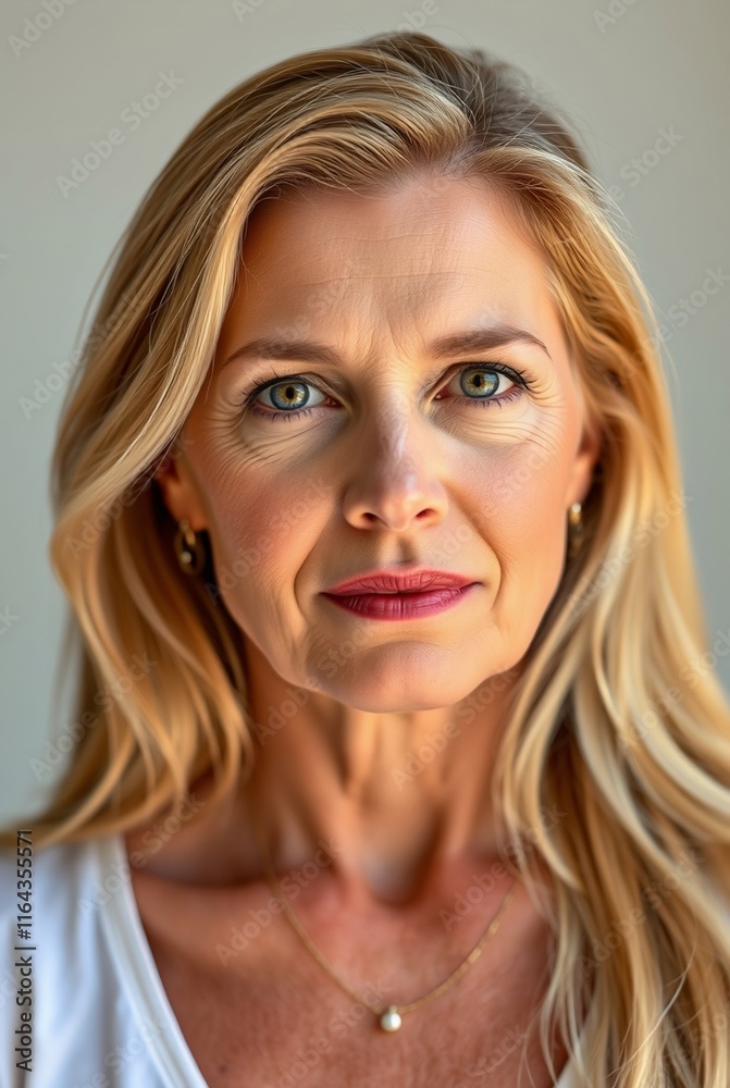 Naklejka premium Elegant Middle-Aged Woman with Blonde Hair and Natural Makeup