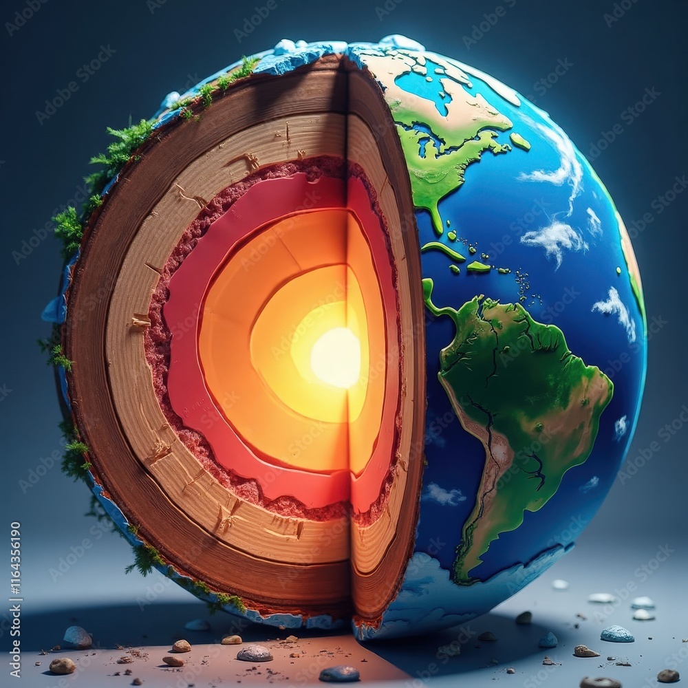 Cross-section view of Earth with layers and a glowing core.