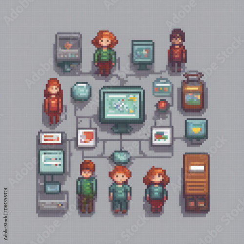 Pixel art depicting a team in front of a computer screen