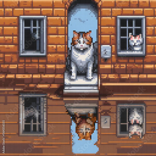 Pixel art cat peering out a window