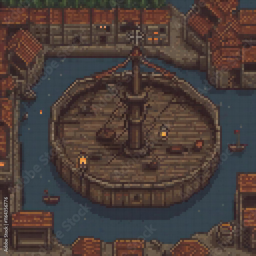 Pixel art cityscape with a central tower
