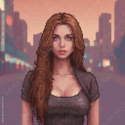 Stunning pixel art of a woman in a sleek black dress, standing proudly in front of a bustling cityscape.