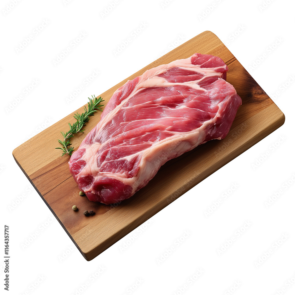 Raw beef steak resting on wooden cutting board with rosemary and peppercorns Raw beef steak resting on wooden cutting board with rosemary and peppercorns