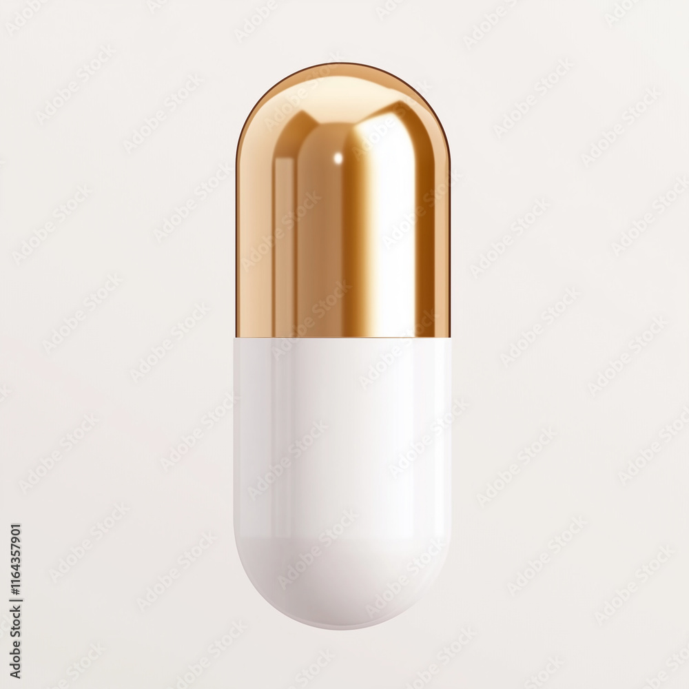 Gold and white pill floating on white background Gold and white pill floating on white background