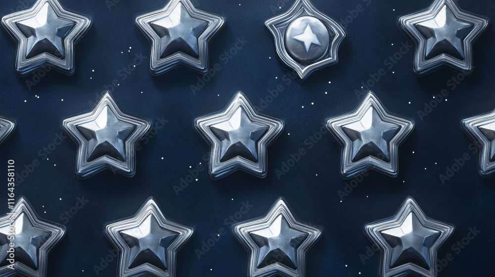 Silver game rank stars set isolated on blue background. Vector cartoon illustration of sparkling gray icons, symbols of score points, ranking progress reward, military buttons, gui design elements Silver game rank stars set isolated on blue background. Vector cartoon illustration of sparkling gray icons, symbols of score points, ranking progress reward, military buttons, gui design elements