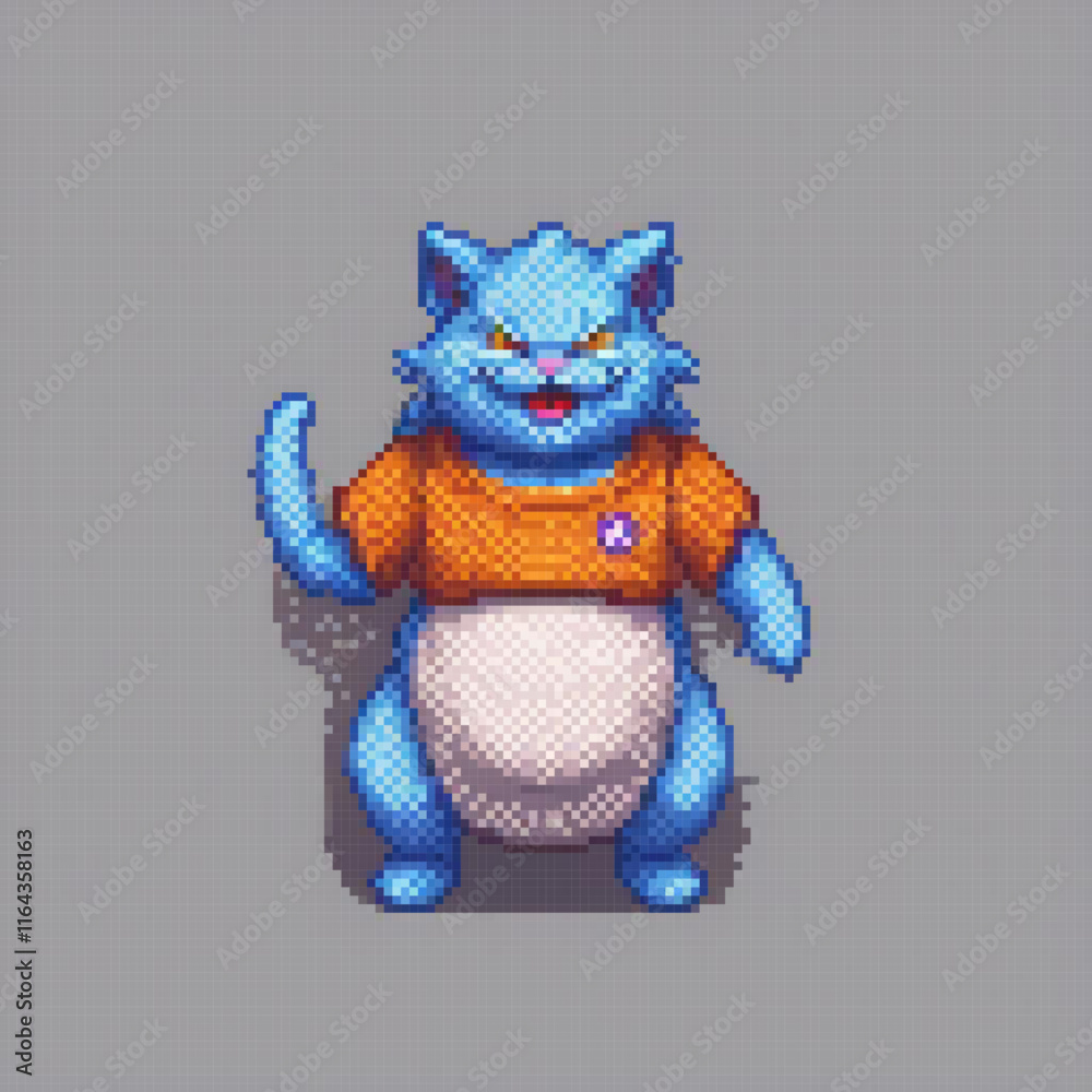 Fototapeta premium Cute pixel art of a blue cat in an orange shirt.