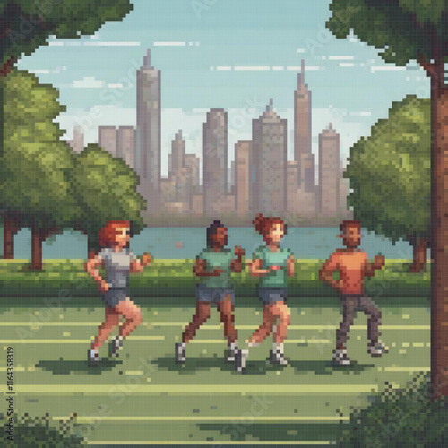 Pixel art depicting a vibrant group of runners amidst a lush park, with a bustling city skyline in the backdrop.