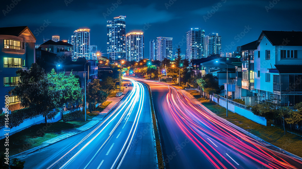 Fototapeta premium City street with houses and buildings with glowing windows at night. Cityscape with empty road, houses and skyscrapers with neon color ligth, vector cartoon illustration