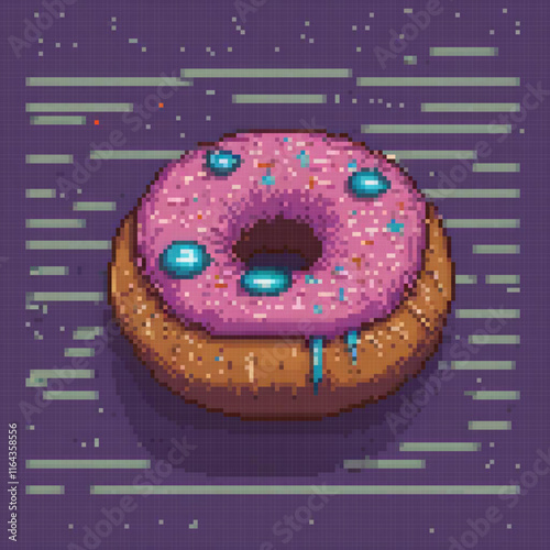 Cute pink donut with colorful sprinkles on a vibrant purple background.