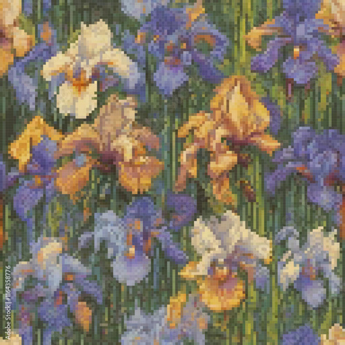 Pixel art cross stitch iris field pattern