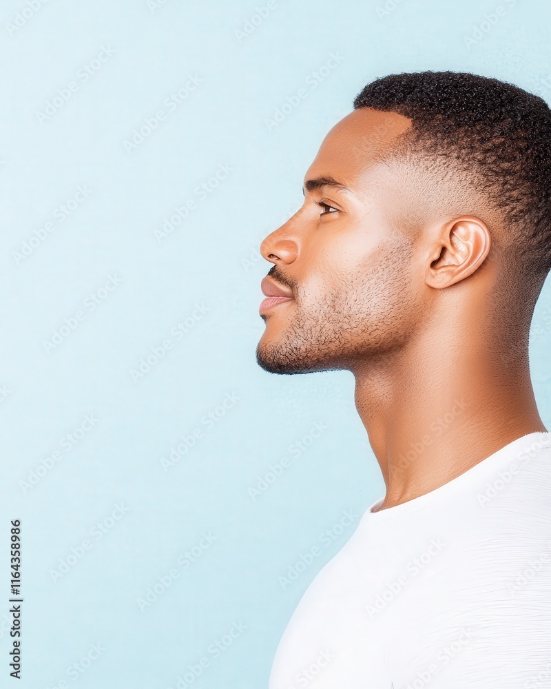 Fototapeta premium A profile shot of a man with sleek hair, showcasing elegance and confidence against a light blue background.