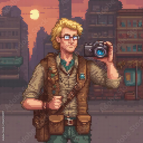 Pixel art of a man with a camera, capturing the essence of a bustling city.
