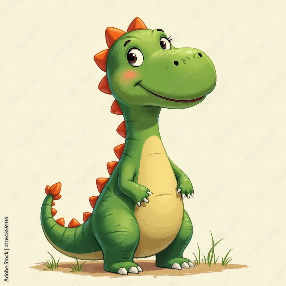 Green dinosaur with orange spikes on beige background
