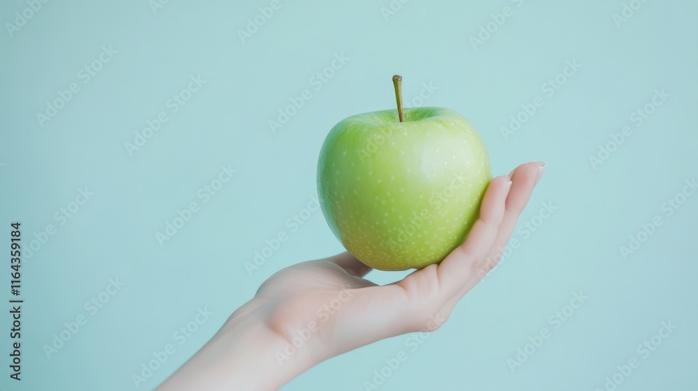A person holds a bright green apple in their hand with a soft light blue background. This setting conveys themes of health, nutrition, and freshness with a simple and clean look