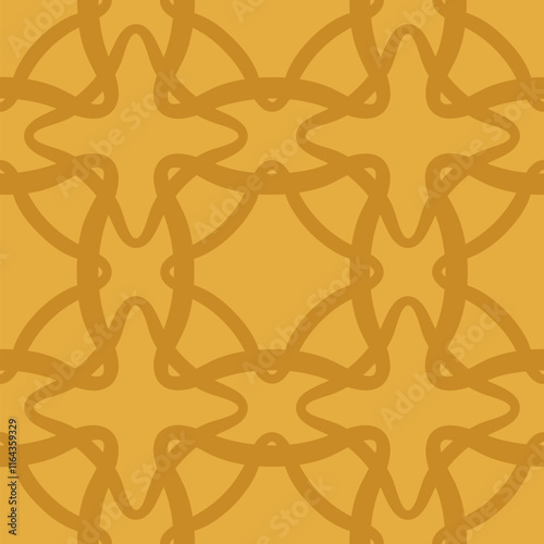 Abstract vintage geometric seamless pattern. Vector ornamental background with curved lines, mesh, lattice, grid, net, squares, rhombuses. Gold yellow color simple texture. Repeat retro style design