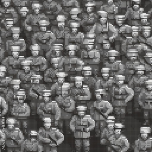 Pixel art depicting a formidable black and white army formation.