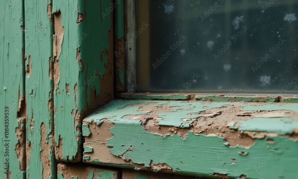 Green paint peeling on window frame. Green paint peeling on window frame.