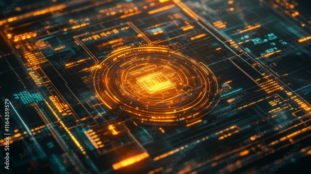 Abstract Futuristic Technology Background Featuring Circular Data Patterns and Glowing Orange Elements with Digital Interface Effects for High-Tech Concepts Abstract Futuristic Technology Background Featuring Circular Data Patterns and Glowing Orange Elements with Digital Interface Effects for High-Tech Concepts