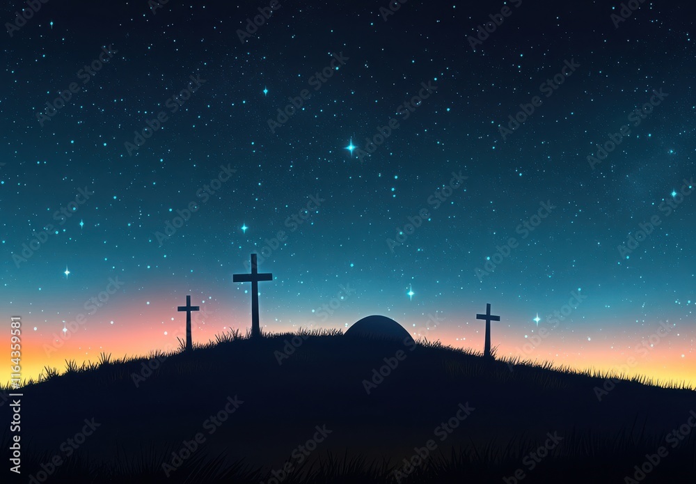 Obraz premium Serene Night Sky Over Graveyard with Silhouetted Crosses and Distant Stars, Capturing a Peaceful Atmosphere and Reflection on Life and Death