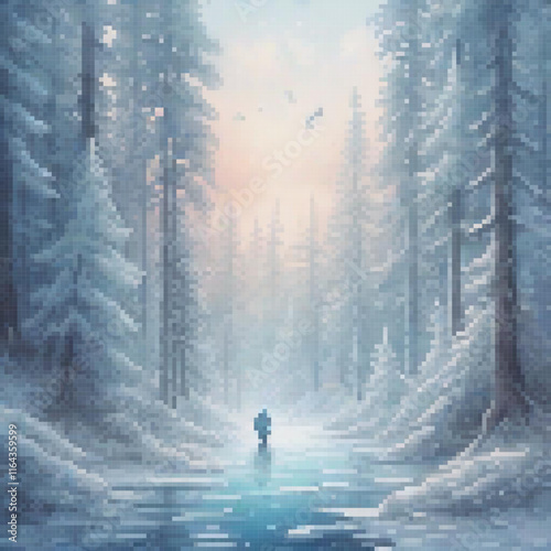 Pixel art depicts a person strolling in a snowy forest.