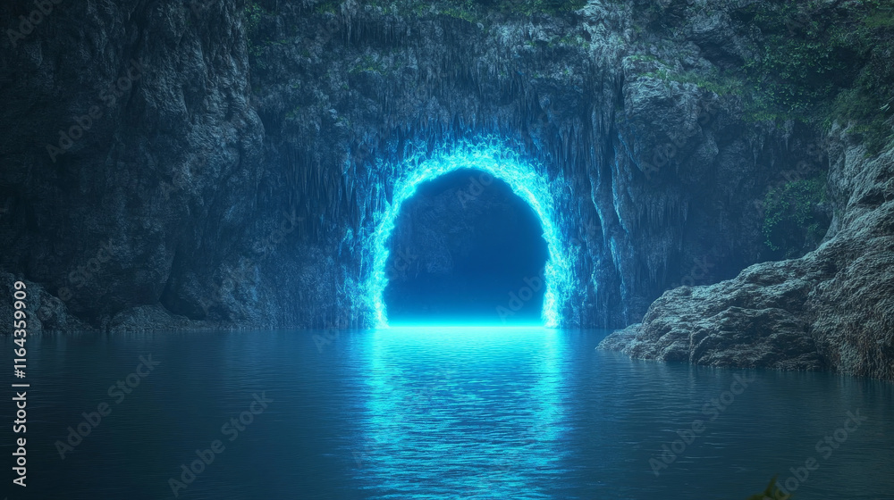Magic portal door in dark underground cave with stone walls and lake. Cartoon vector dungeon with fantasy futuristic teleport for game ui. Cavern with fantastic entrance with blue neon glow effect. Magic portal door in dark underground cave with stone walls and lake. Cartoon vector dungeon with fantasy futuristic teleport for game ui. Cavern with fantastic entrance with blue neon glow effect.