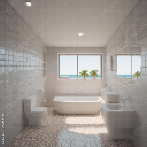 Pixel art of a cozy bathroom with a bathtub, toilet, and sink.
