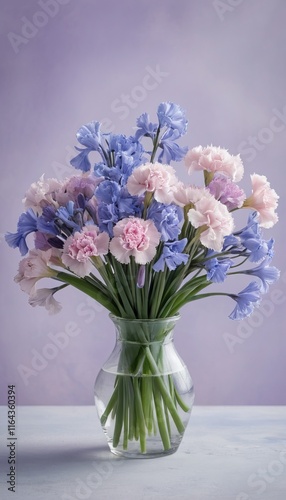 Wallpaper Mural Romantic Bouquet of Bluebells and Carnations, Softly Shadowed on a Pale Lavender Background, Perfect for Custom Floral Creations Torontodigital.ca