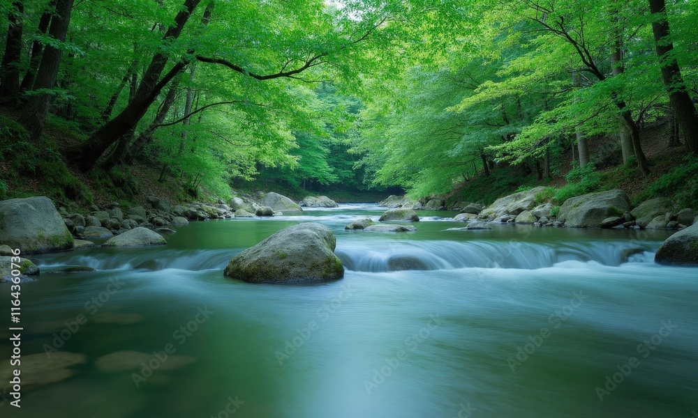 Fototapeta premium Green trees surround river with large stones.