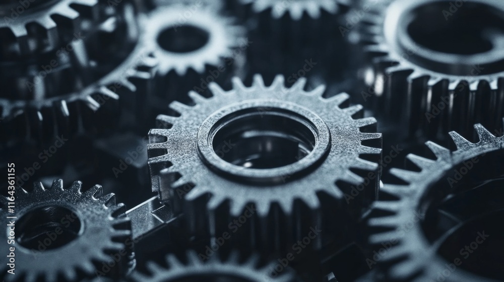 Close-up Abstract Composition of Interlocking Metallic Gears Highlighting Intricate Details and Textures in a Mechanical Setting for Industrial Design Use Close-up Abstract Composition of Interlocking Metallic Gears Highlighting Intricate Details and Textures in a Mechanical Setting for Industrial Design Use