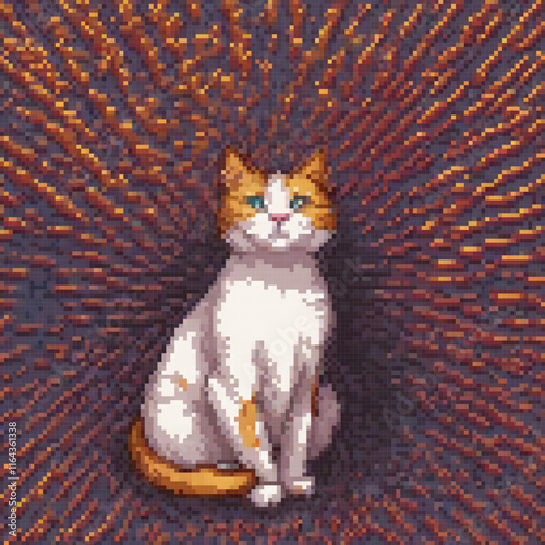 Pixel art cross stitch cat on blue background