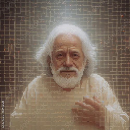 Pixel art of a bearded man with a white wig, showcasing classic style.