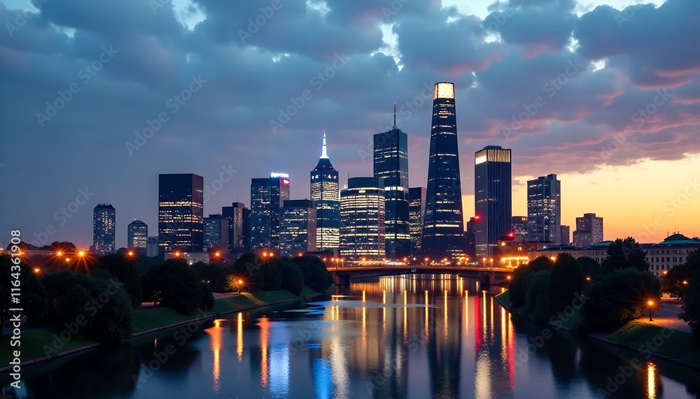 Fototapeta premium City Skyline at Dusk River Reflection Bridge Night Lights