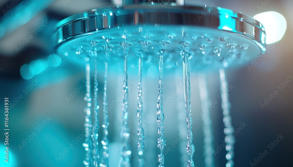 A shower head is spraying water in a blue and white color A shower head is spraying water in a blue and white color