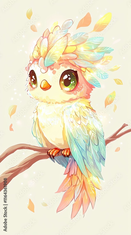 Fototapeta premium Adorable Pastel Bird Perched on Branch Wearing Feather Headdress