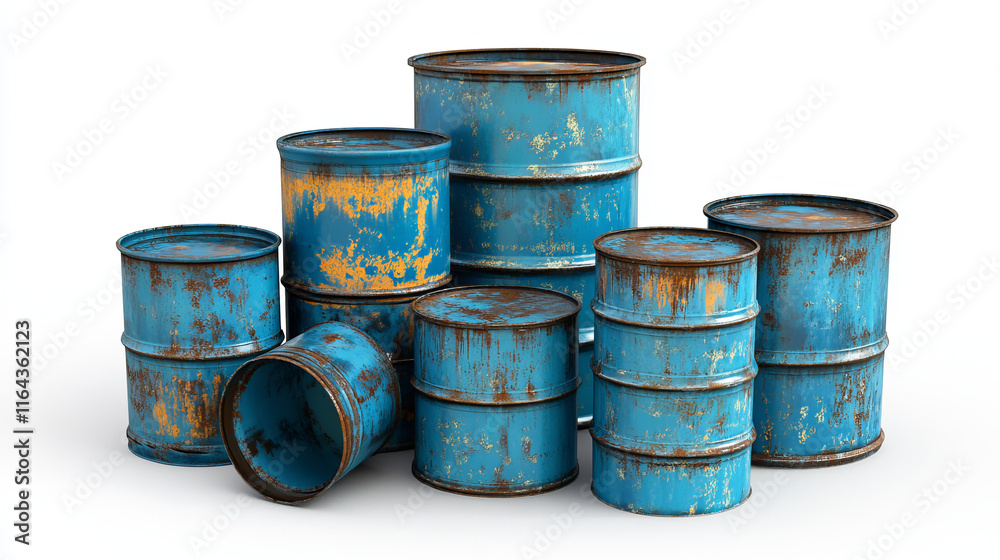 Set of blue metal barrels on a white background, 3d render Set of blue metal barrels on a white background, 3d render