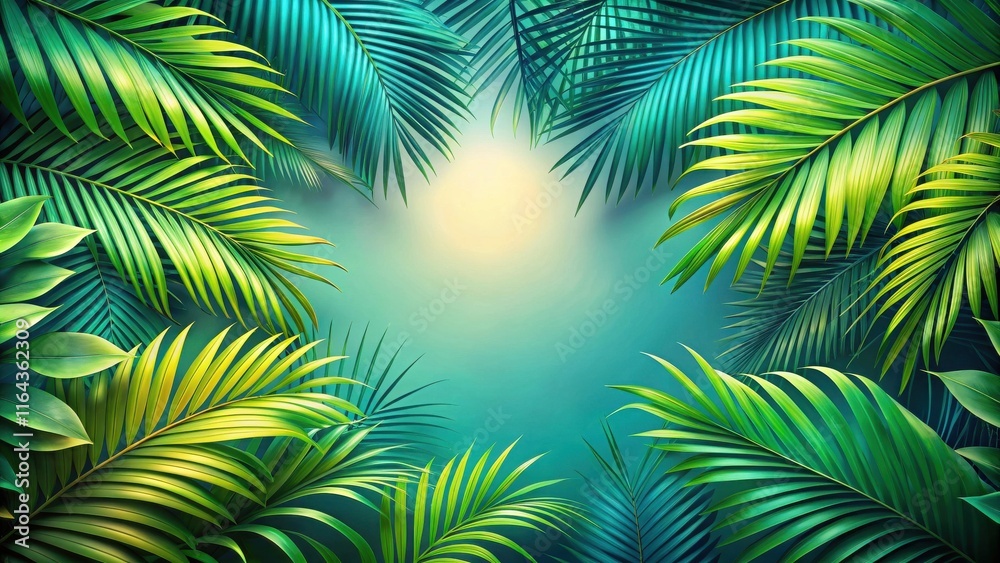 Lush Tropical Palm Fronds Frame a Soft Teal Background, Ideal for Summer Designs and Vacation Themed Projects Lush Tropical Palm Fronds Frame a Soft Teal Background, Ideal for Summer Designs and Vacation Themed Projects
