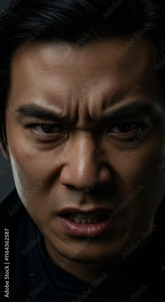 Close up of Asian Man face, Angry Expression, Zoom In, Zoomed Close up of Asian Man face, Angry Expression, Zoom In, Zoomed