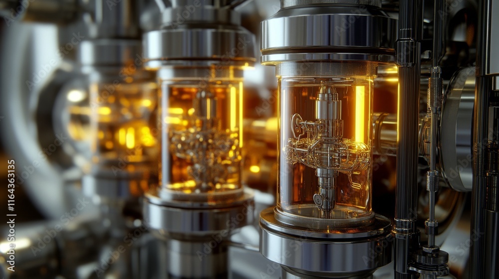 Close-up View of Industrial Machinery with Transparent Glass Vessels Showcasing Intricate Components and Illuminating Orange Liquids in a High-Tech Environment Close-up View of Industrial Machinery with Transparent Glass Vessels Showcasing Intricate Components and Illuminating Orange Liquids in a High-Tech Environment