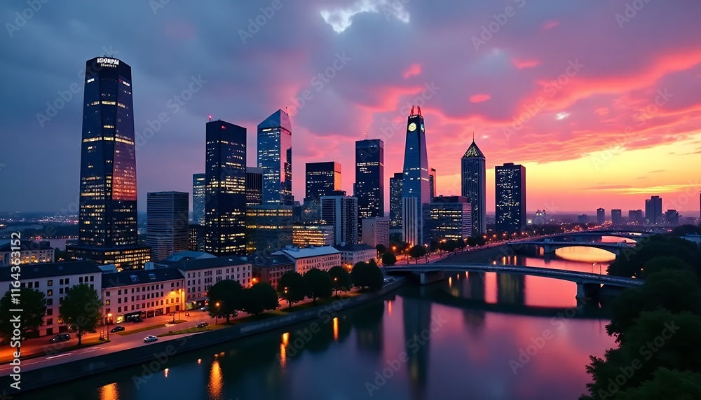 Naklejka premium City Sunset Skyline, Pink Sky, River Reflection, Cityscape View