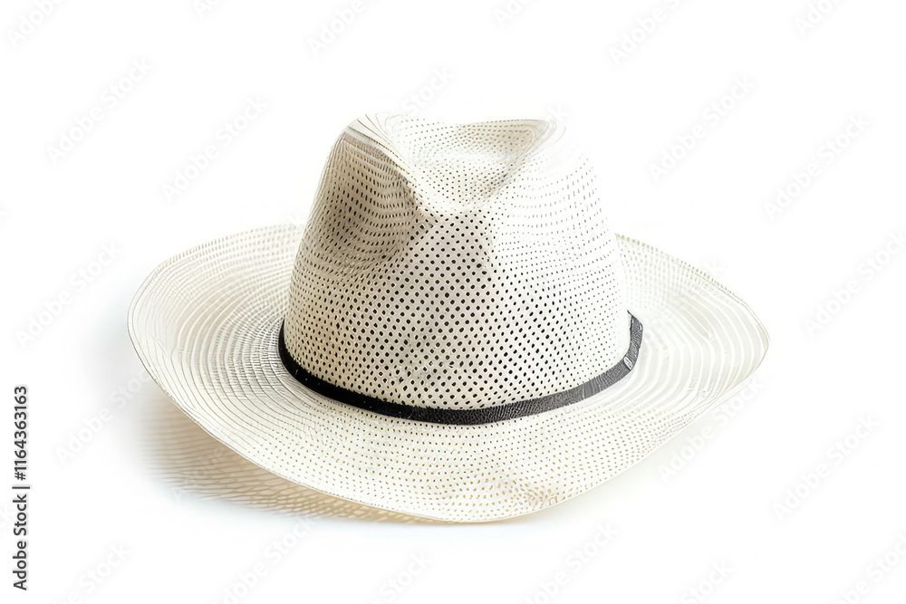 A white mesh hat with a black band, suitable for sun protection and outdoor activities. isolated on white background A white mesh hat with a black band, suitable for sun protection and outdoor activities. isolated on white background