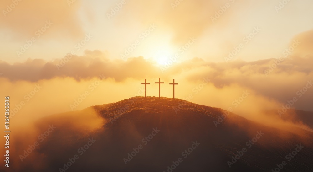 Obraz premium Serene Sunrise Over Three Crosses on a Hilltop Surrounded by Soft Mist and Clouds Offering a Spiritual and Peaceful Atmosphere for Reflection or Worship