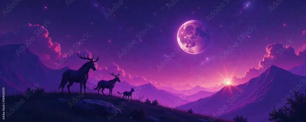 Dark purple sky, glowing zodiac creatures in mystical landscape , astrology, design Dark purple sky, glowing zodiac creatures in mystical landscape , astrology, design