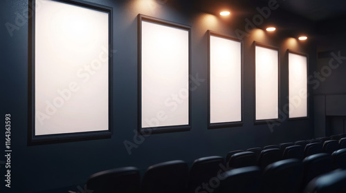 Fototapeta Naklejka Na Ścianę i Meble -  Blank movie posters illuminated by spotlights. Vector realistic interior of cinema, theater or gallery with white picture frames on gray wall. Empty advertising banners with black border and lamps